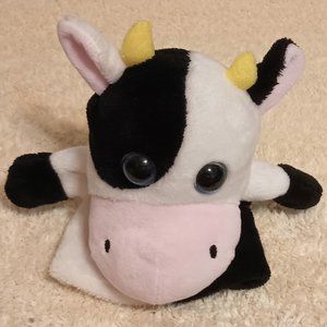 VGUC~Kellytoy 11" White & Black Cow Plush Hand Puppet w/ Big Blue Sparkly Eyes